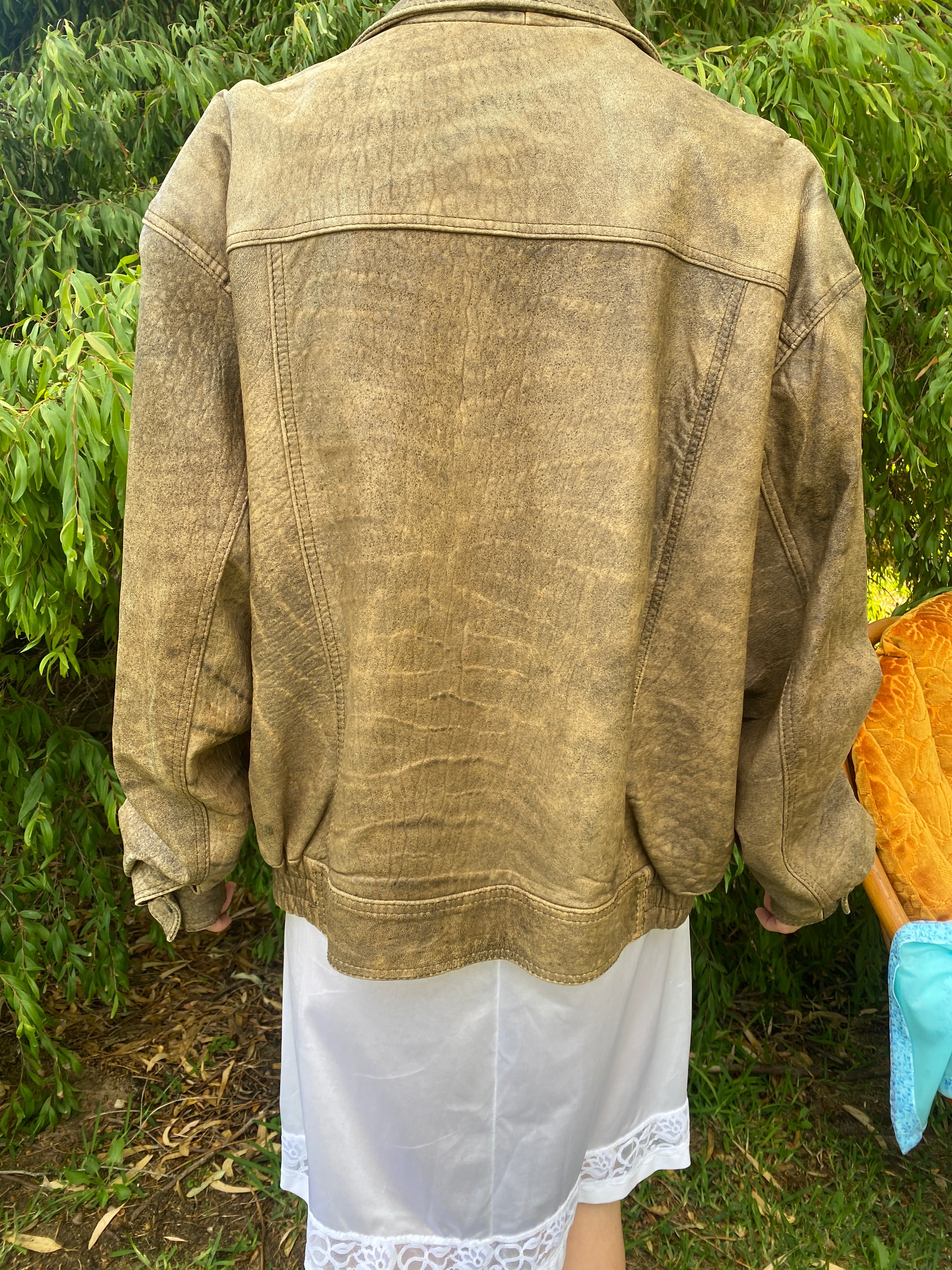 Distressed Brown Leather Oversized Bomber jacket