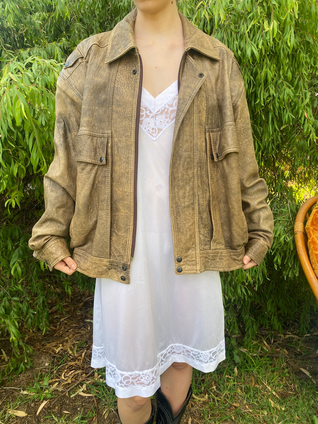 Distressed Brown Leather Oversized Bomber jacket
