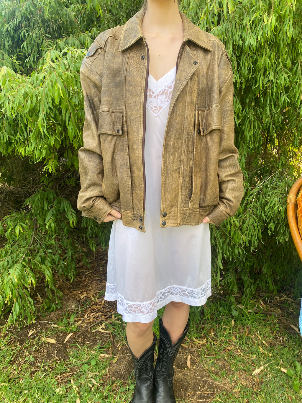 Distressed Brown Leather Oversized Bomber jacket