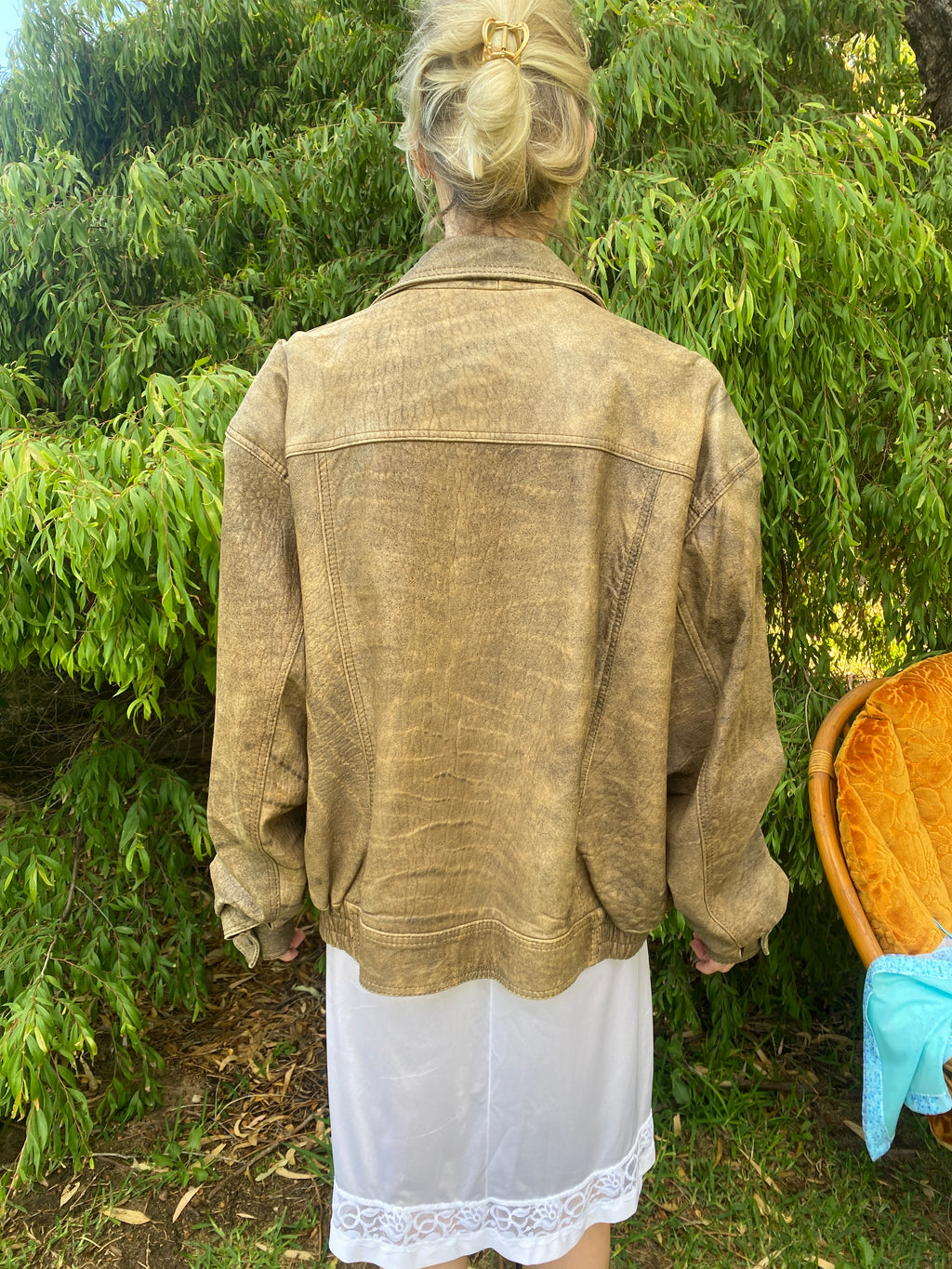 Distressed Brown Leather Oversized Bomber jacket