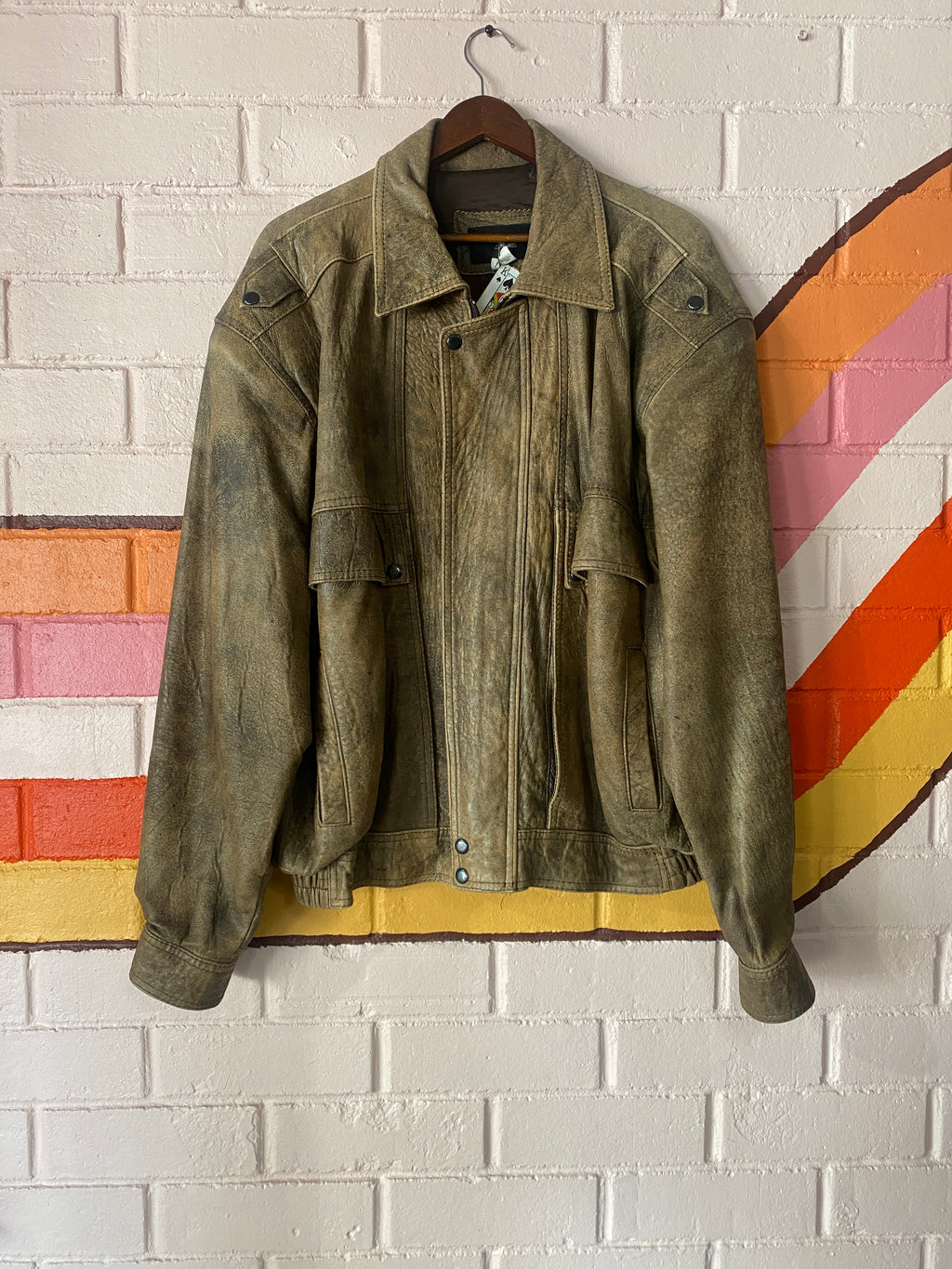 Distressed Brown Leather Oversized Bomber jacket