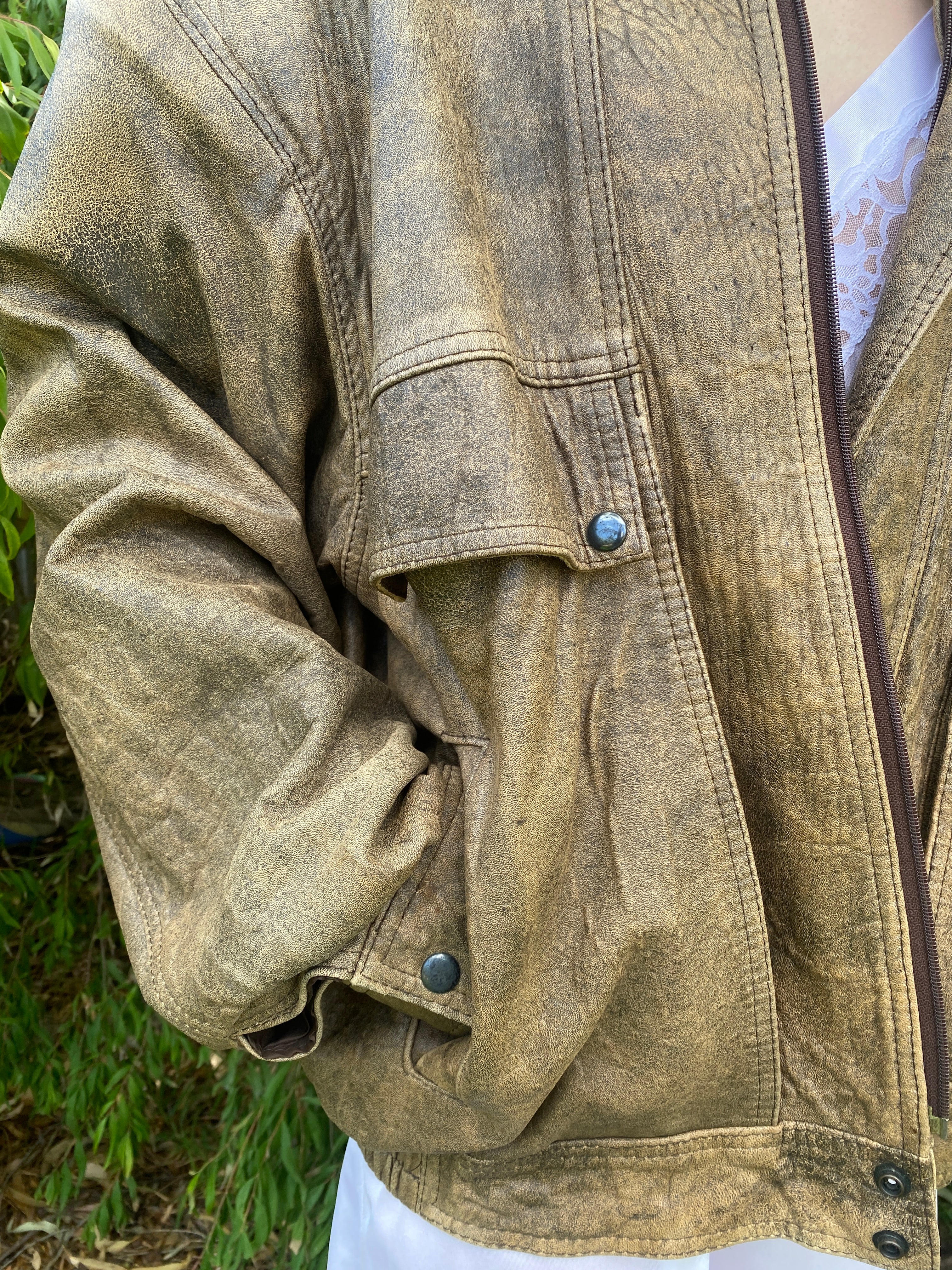 Distressed Brown Leather Oversized Bomber jacket