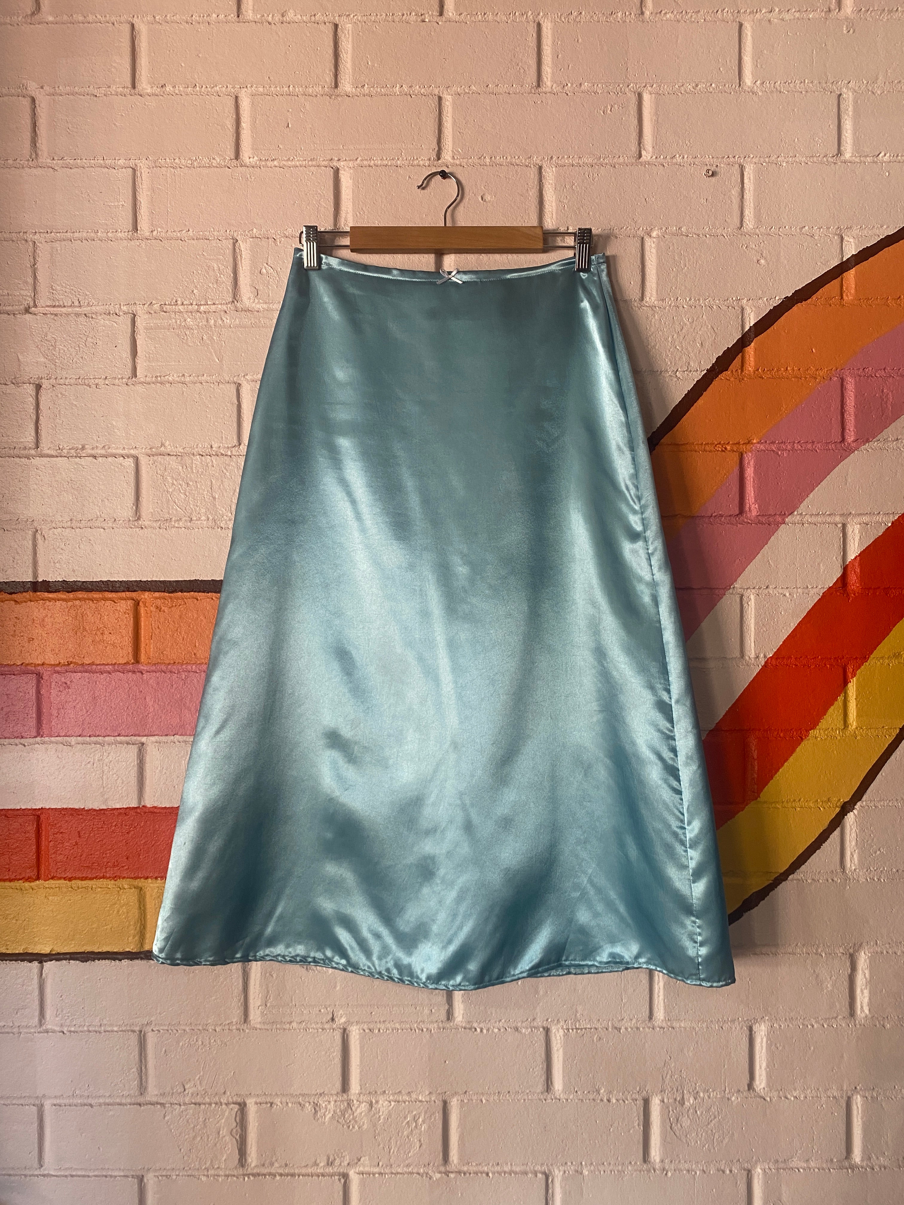 Baby Blue Satin A-line Midi Skirt