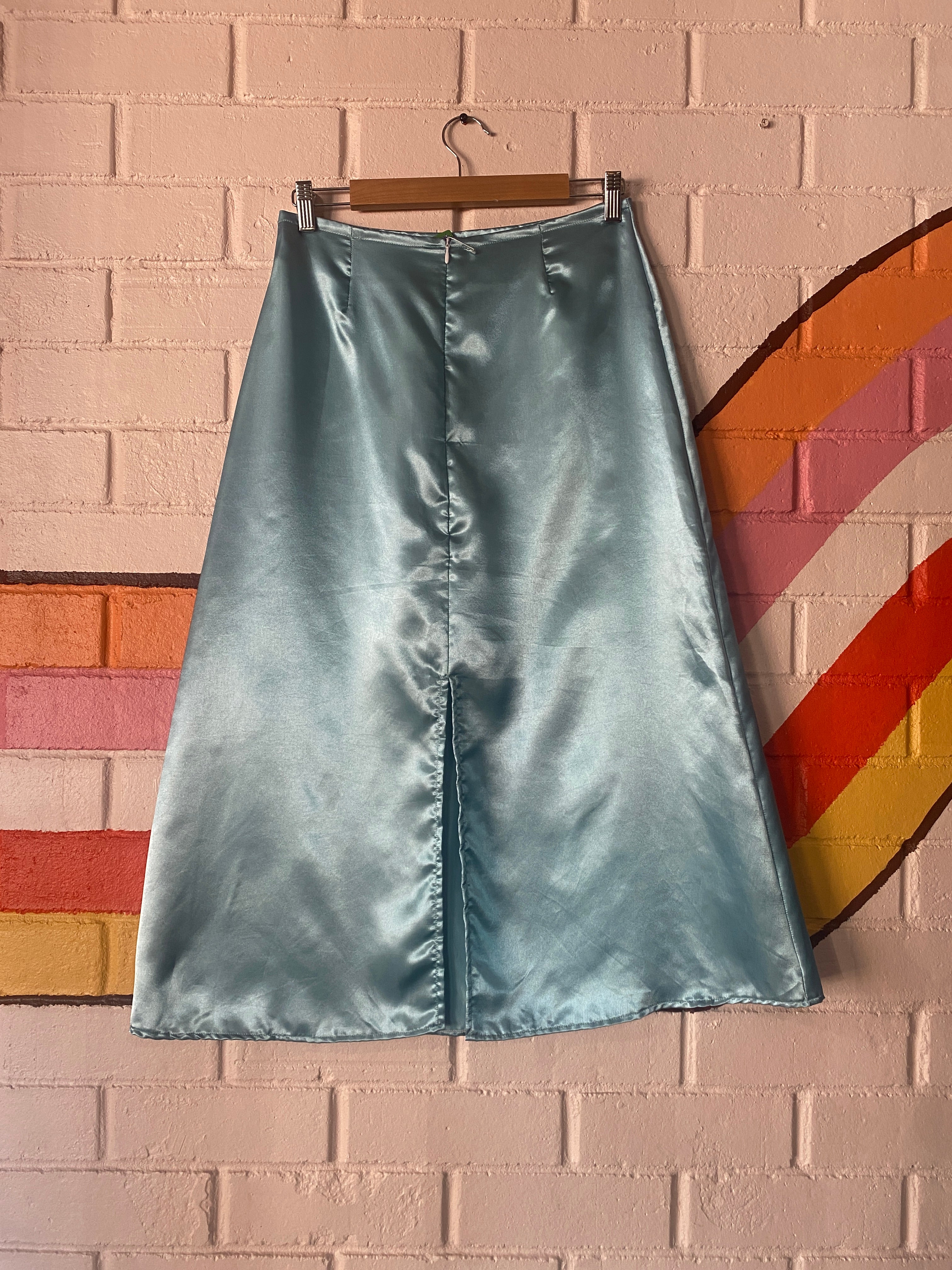 Baby Blue Satin A-line Midi Skirt