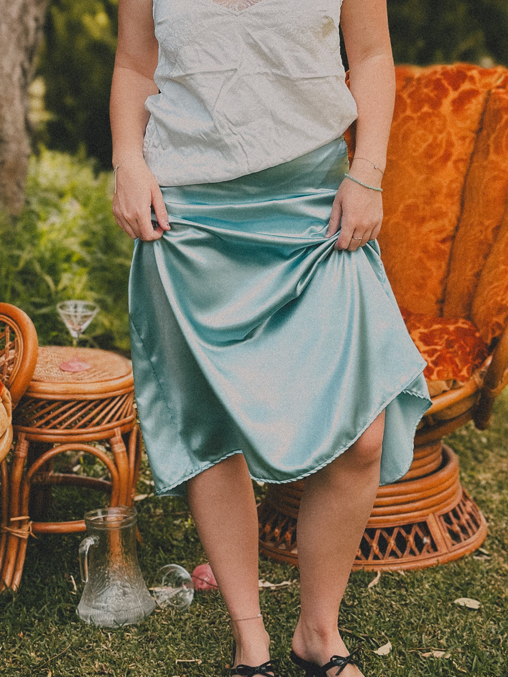 Baby Blue Satin A-line Midi Skirt
