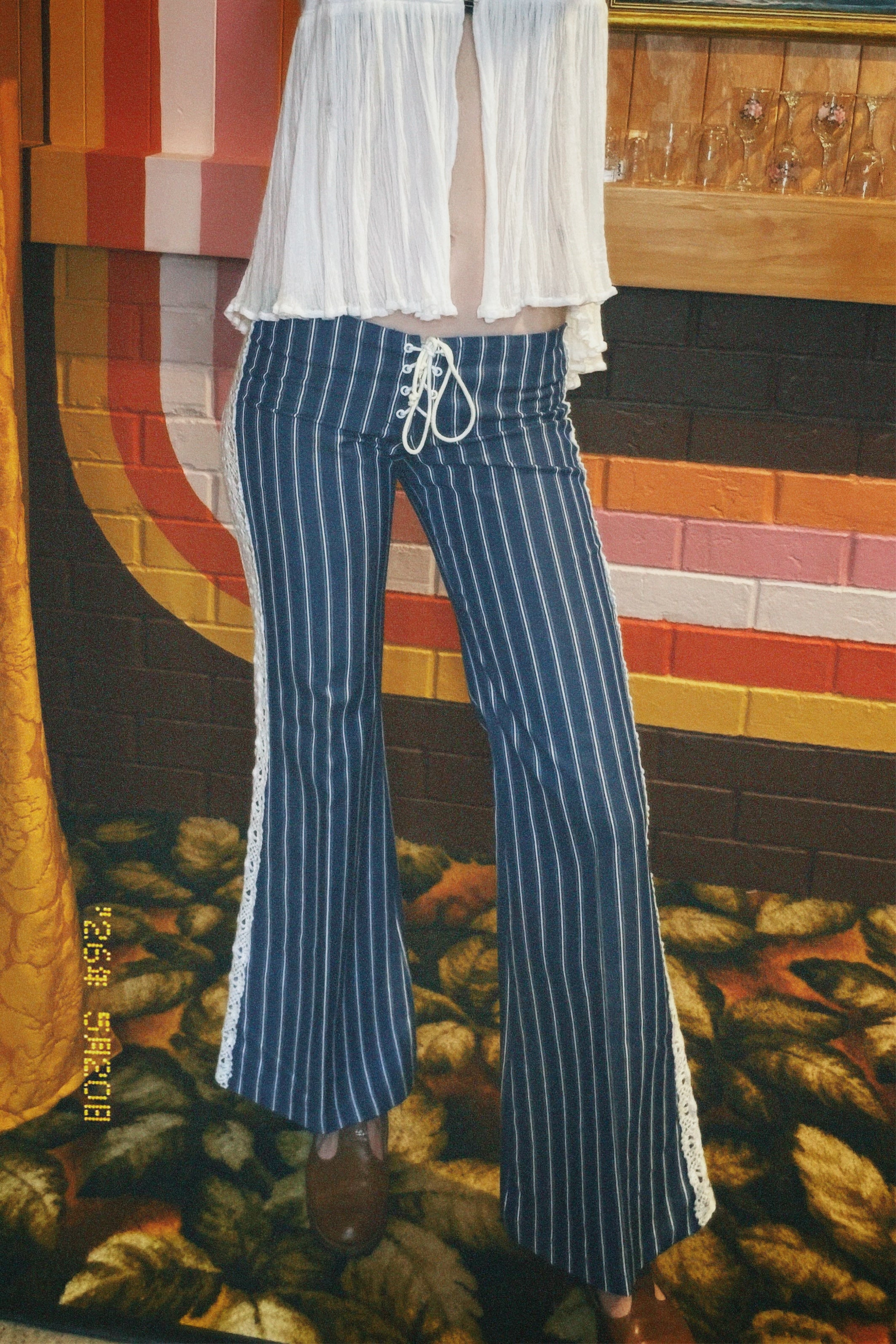Y2K Pinstripe Lace-up Low Rise Flares, size 8/10
